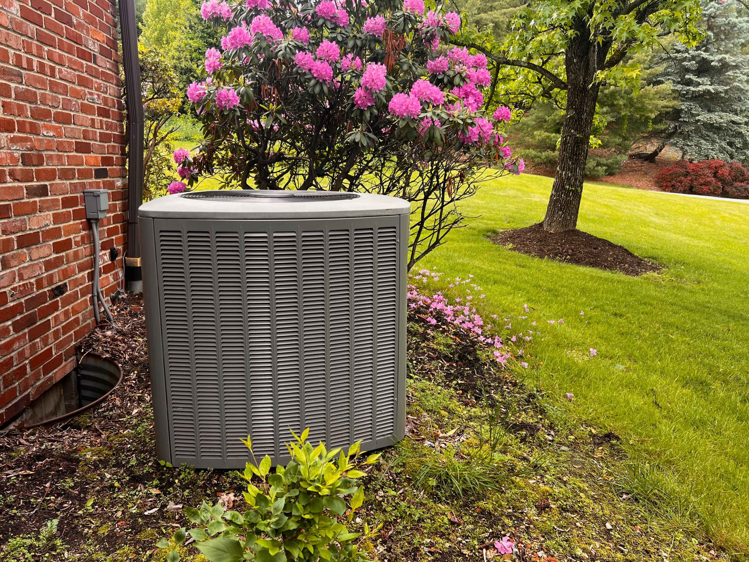 Outdoor AC unit next to house with pink flowers nearby